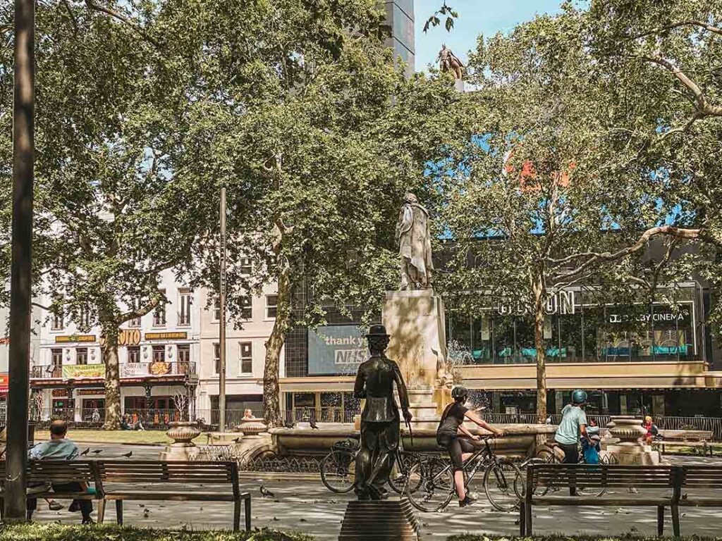 Charlie Chaplin statue , William Shakesphere  and the Batman Statue in Leicester Square 