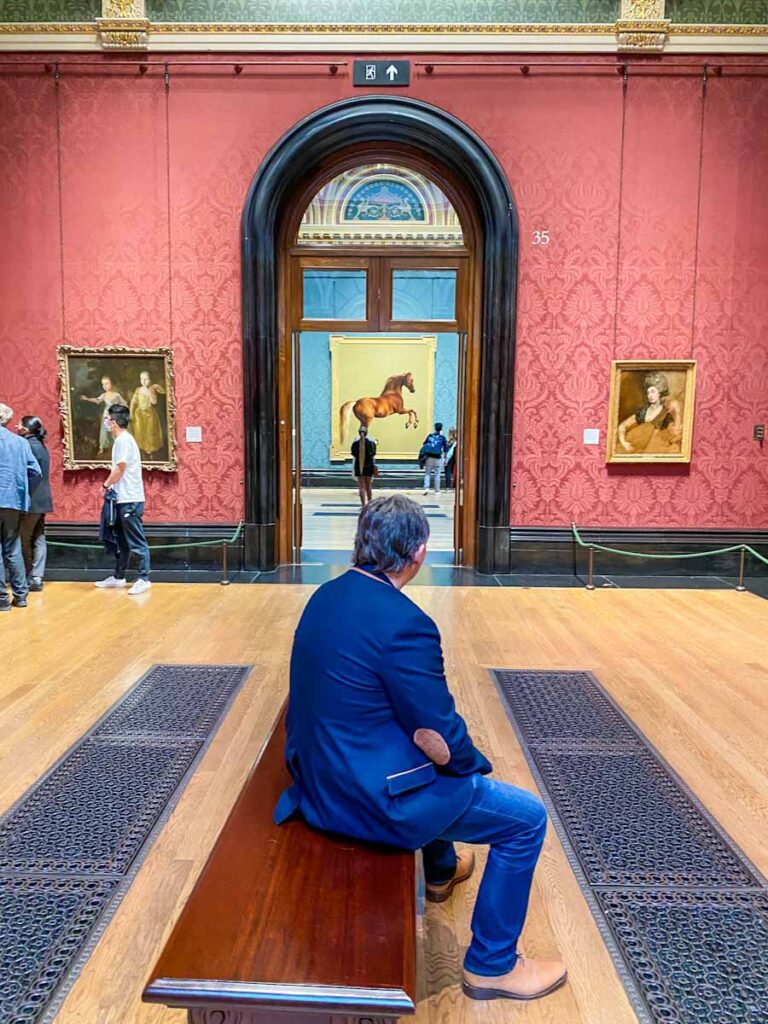 A man seated in the National Gallery looking at the Whistlejacket Painting by George Stubbs